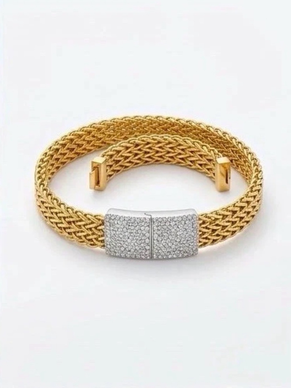 Gold Braided Chain Bracelet with Pave Silver Clasp